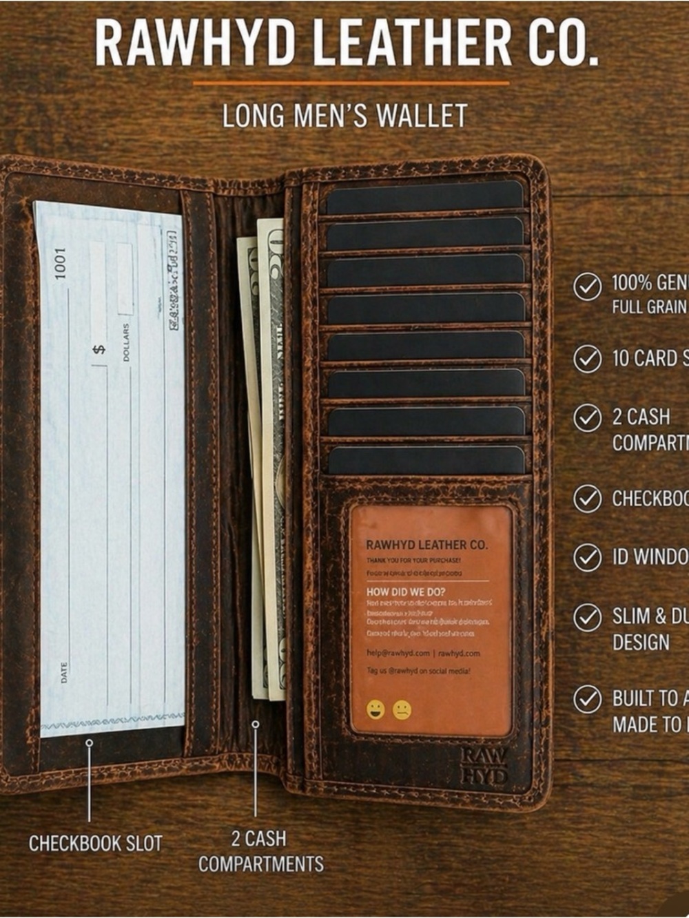 Raw Hyd Men’s Long Wallet is a genuine leather cowhide Brown